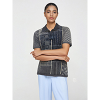 Unisex Washed Denim Kintted Polo With Classic Japanese Pattern
