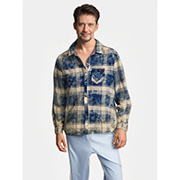 Mens Staining Dirty Wash Slub Cotton Checker Shirt